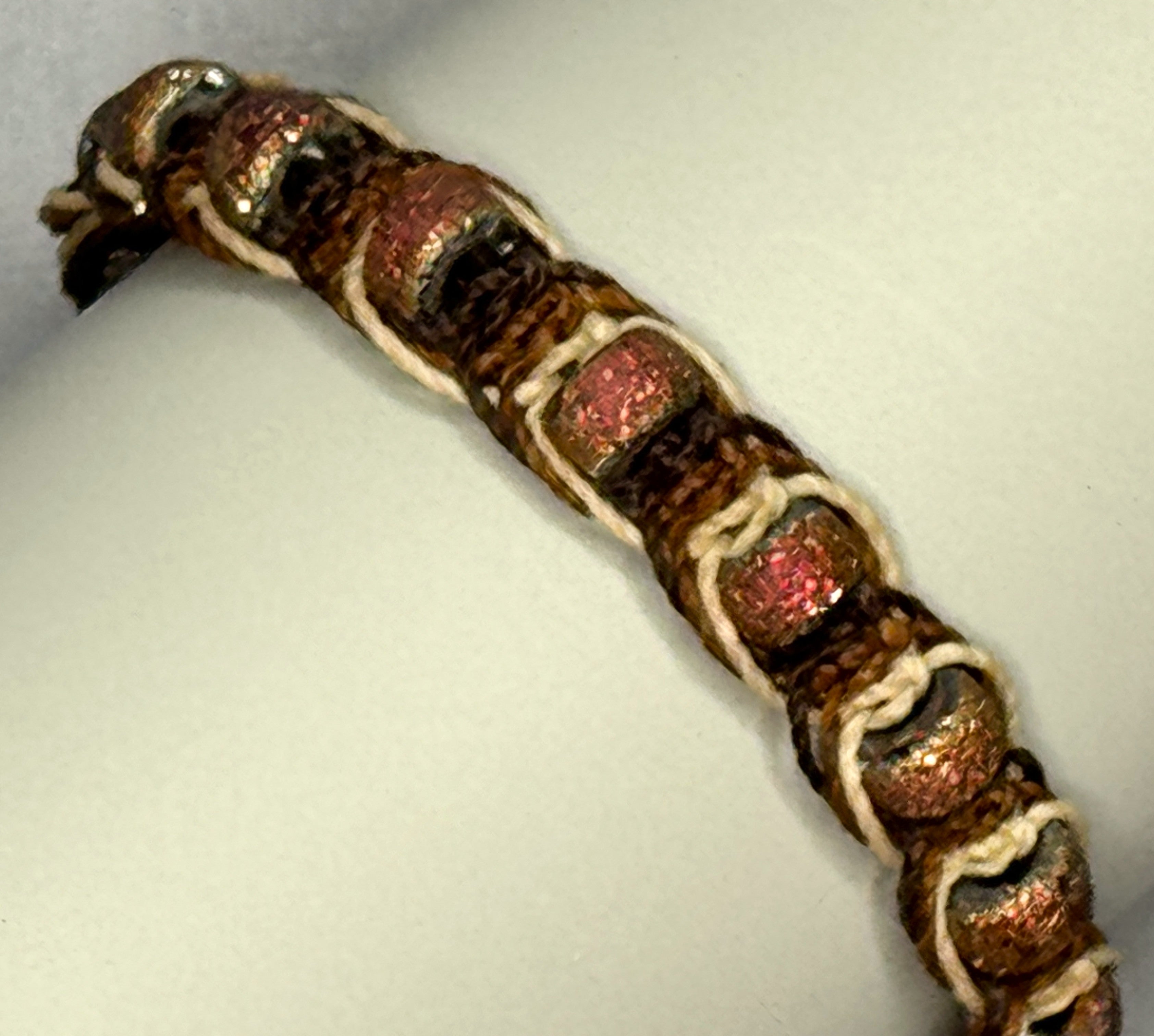 Brown Macrame Bracelet with pink/gold glass beads