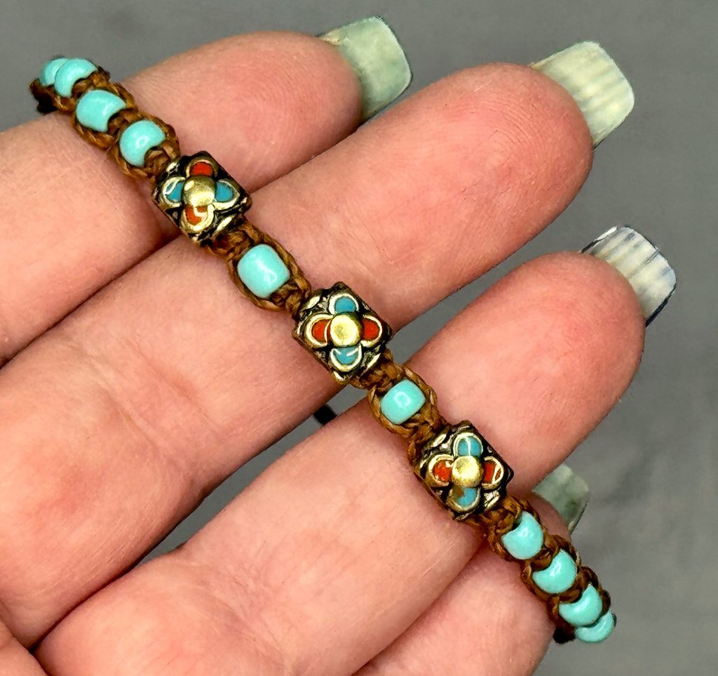 Sweet Petite Brown & Turquoise Macrame Bracelet - Adjustable