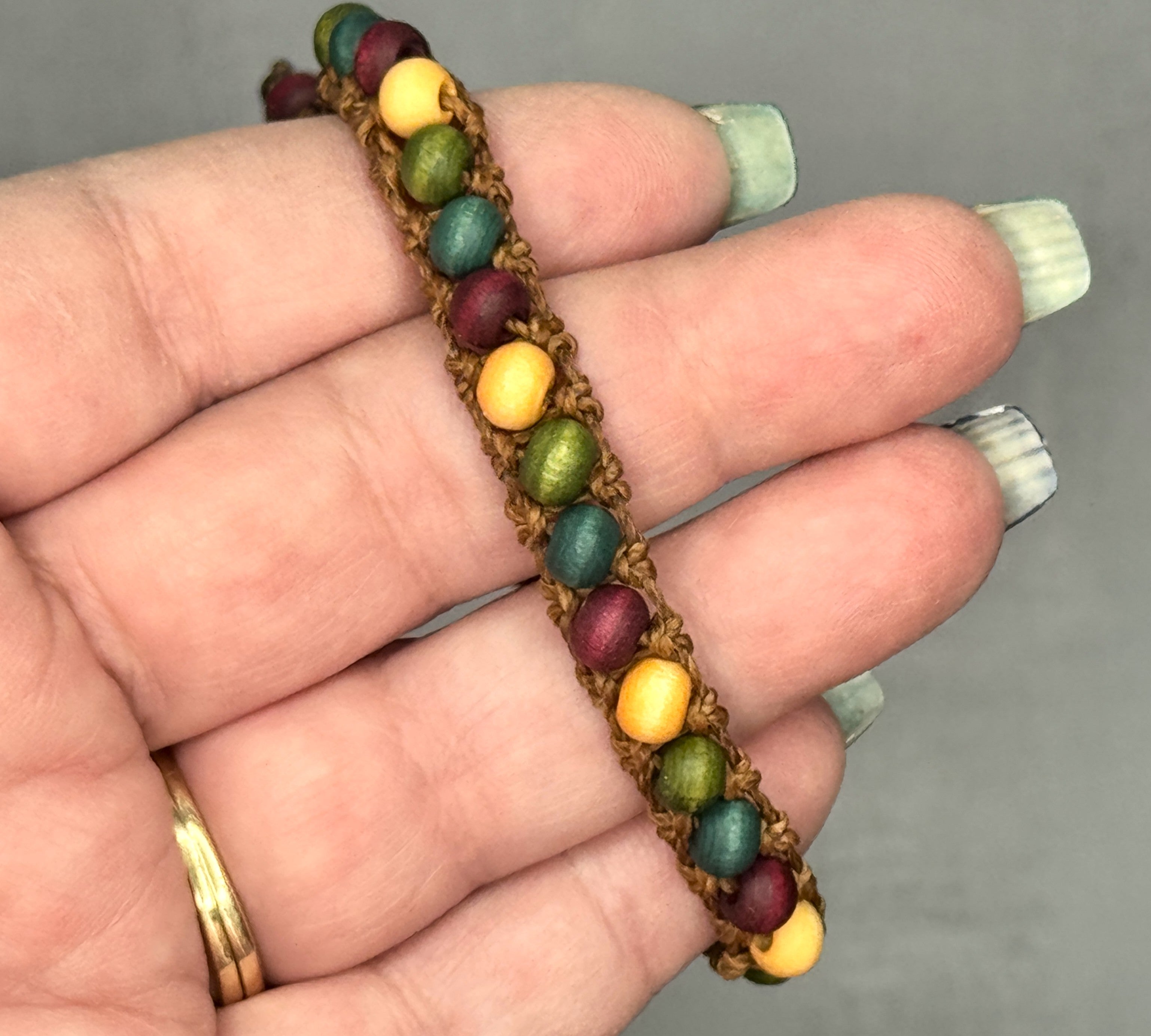 Brown Macrame Bracelet with multi-colored wood beads - Adjustable