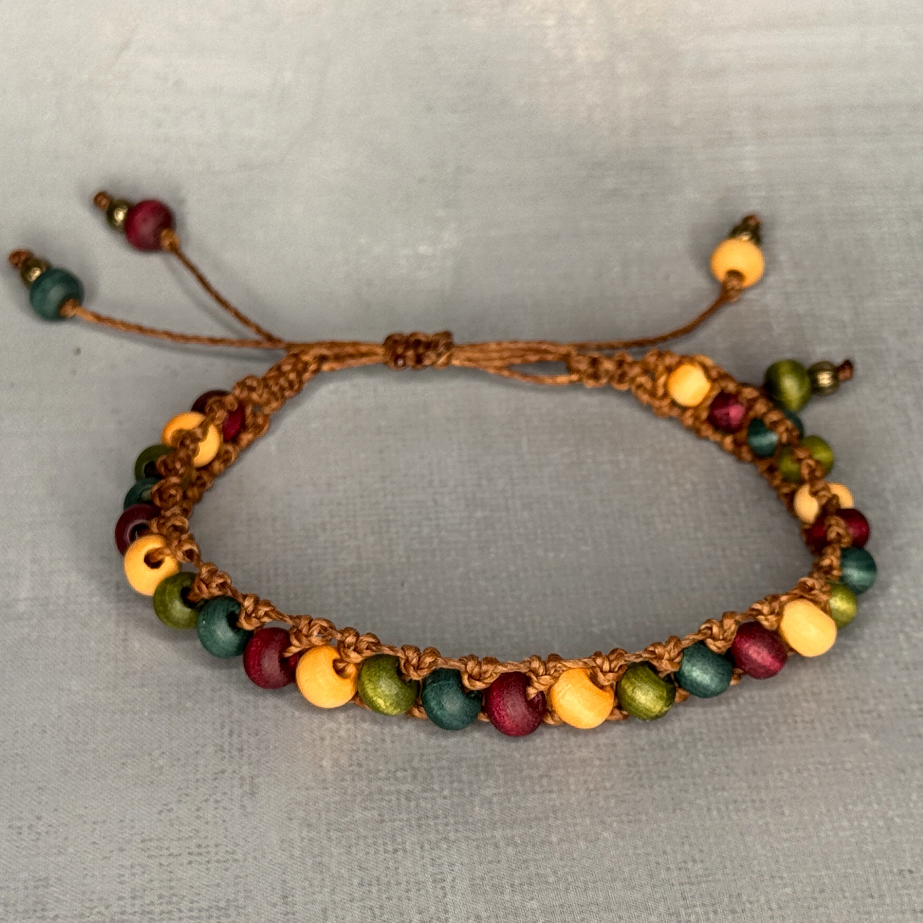 Brown Macrame Bracelet with multi-colored wood beads - Adjustable