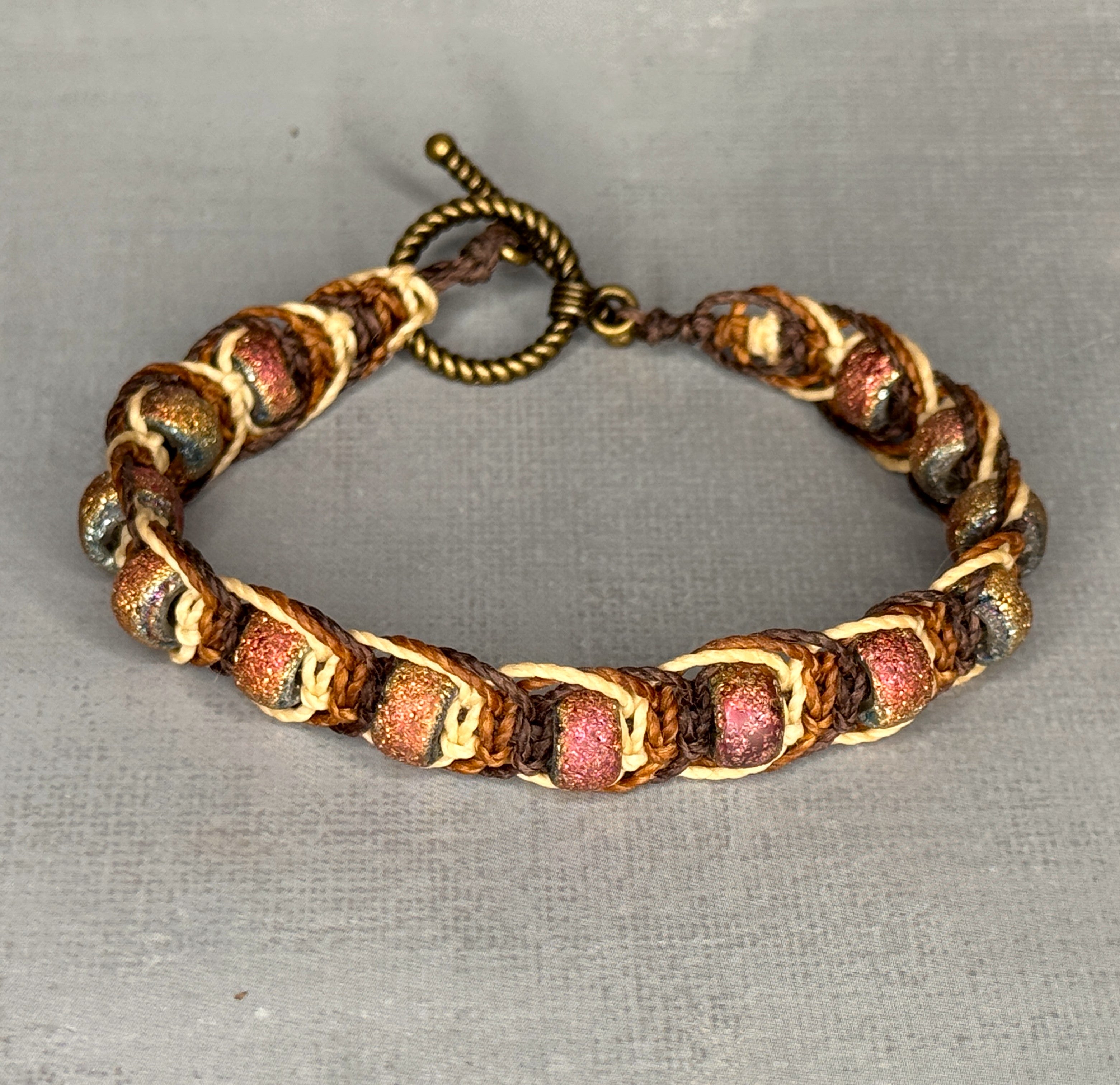 Brown Macrame Bracelet with pink/gold glass beads